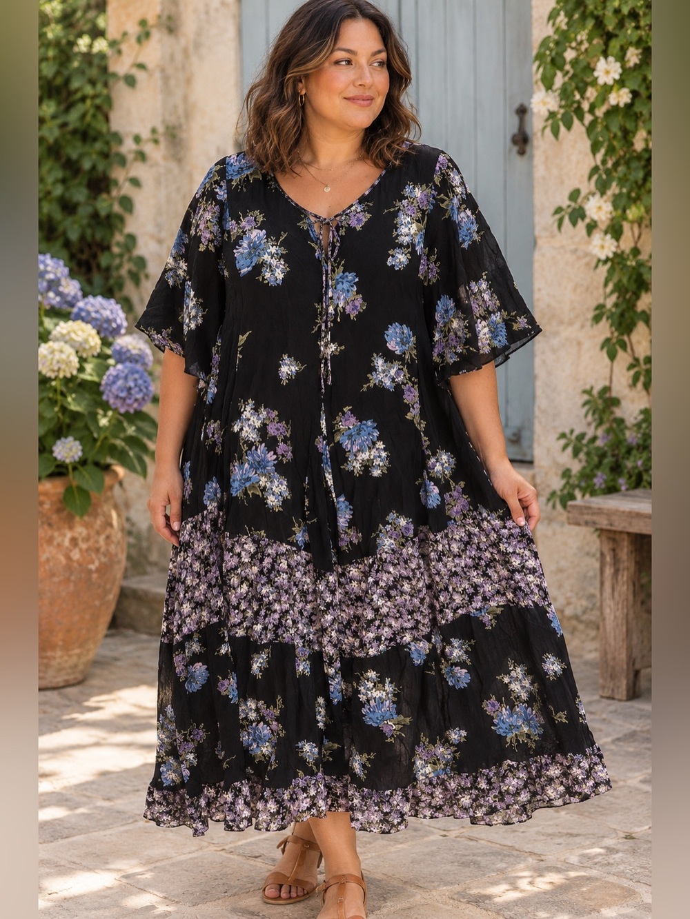 Lola P Vintage Floral Tiered Maxi Dress 2X Rayon Boho Whimsigoth Cottagecore